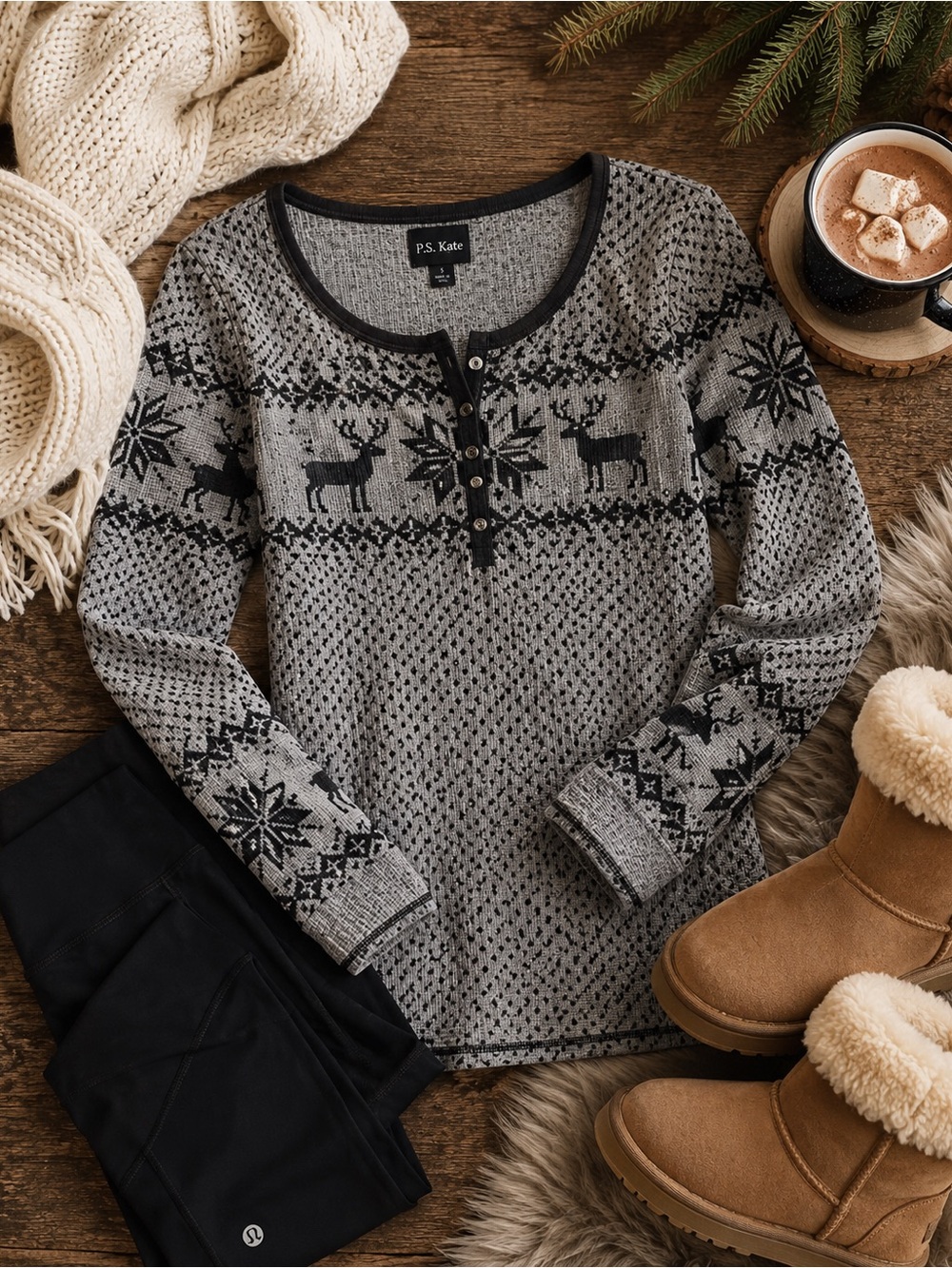 P.S. Kate Fair Isle Reindeer Thermal Top Women S Gray Black Long Sleeve